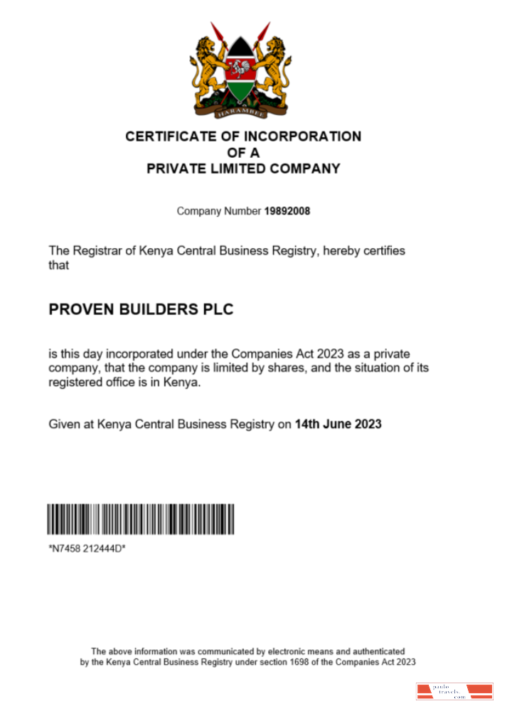Kenya business registration certificate Word and PDF template
